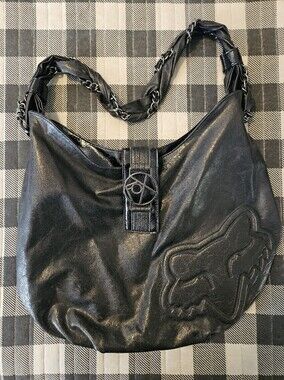 Y2k Vintage Fox Racing Purse, Black Faux Leather With Chains, Fox Lyrical Hobo